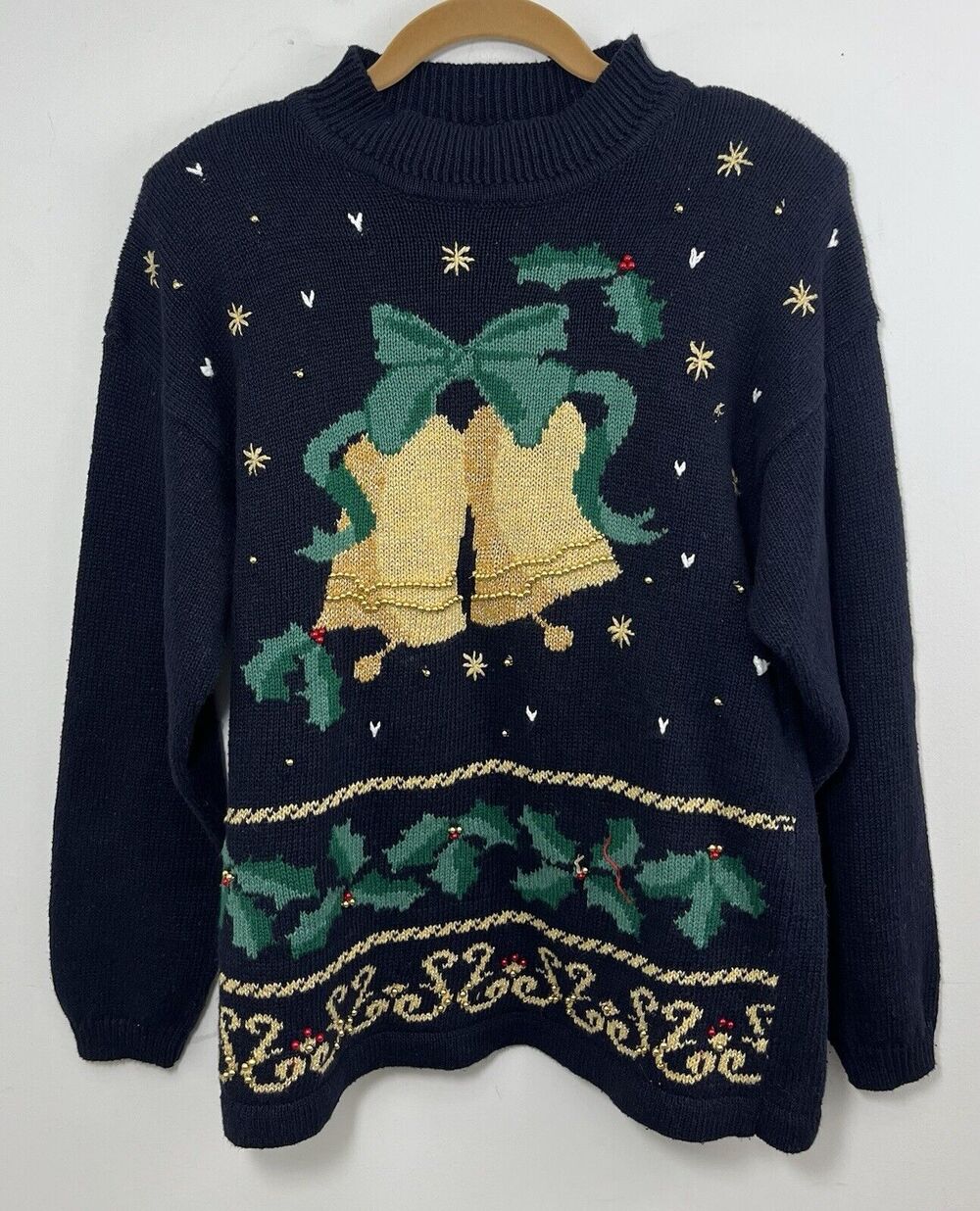 Vtg Panther Ugly Christmas Sweater Black Gold Bows Holiday Holly Medium Green